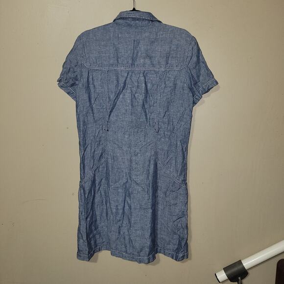 Signature Studio Medium Blue Chambray Short Sleeve Dress Lace Up Pockets - Picture 7 of 10